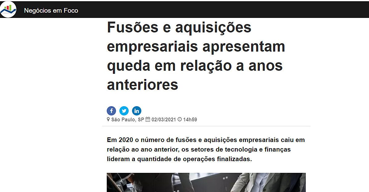 Fuses e aquisies empresariais apresentam queda em relao a anos anteriores